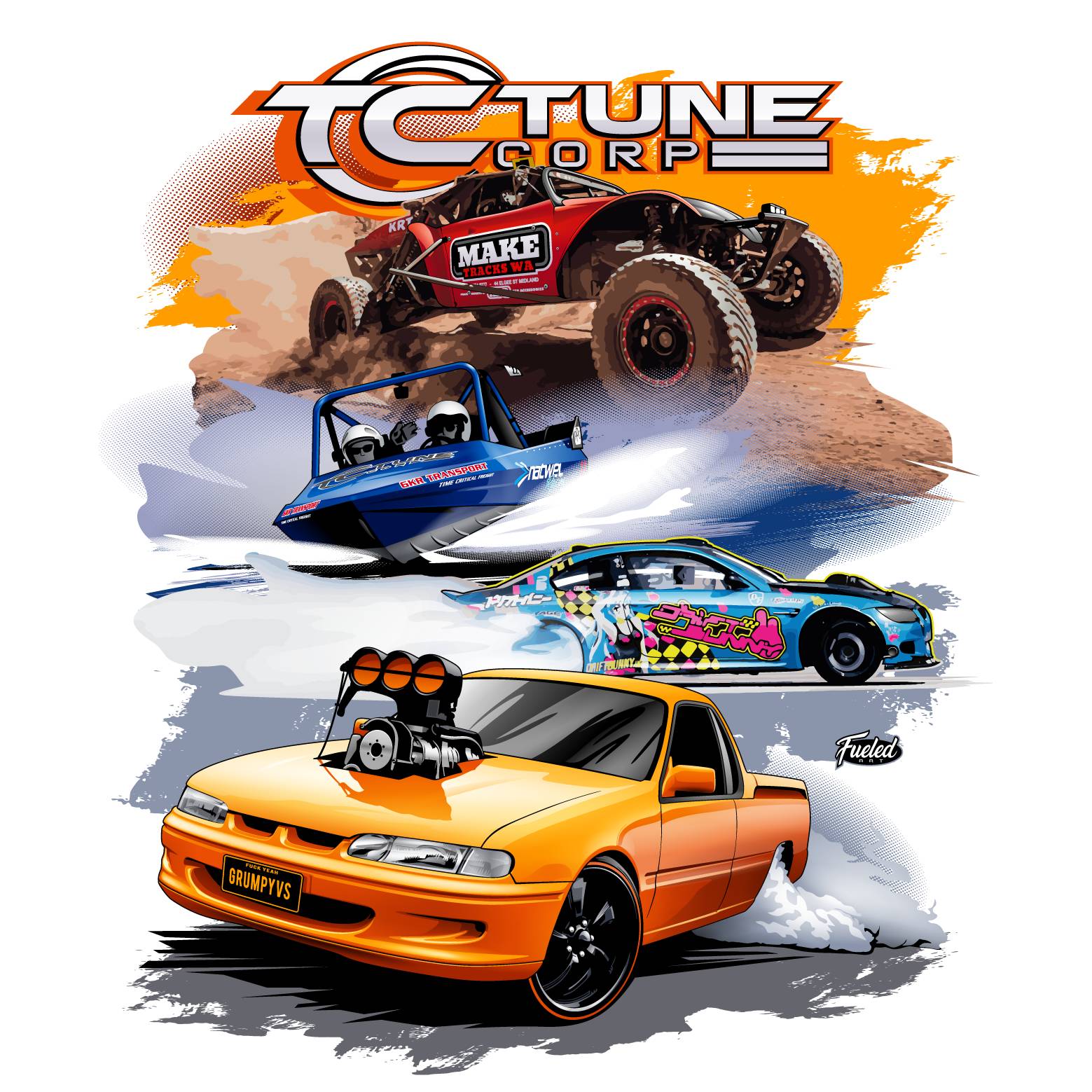 tune corp custom artwork merchandise print holden ute bmw drifter jetboat offroad buggy